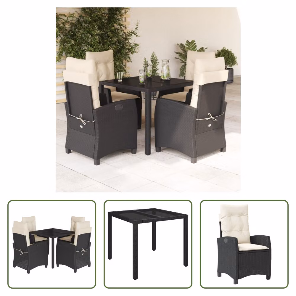 The Living Store Set da pranzo da giardino 5 pezzi con cuscini in poly rattan nero