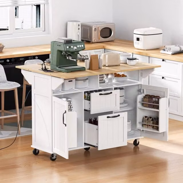 Isola da cucina con ruote, MDF e tavolo pieghevole, 120 x 40-80 x 92 cm, prese e cassetti