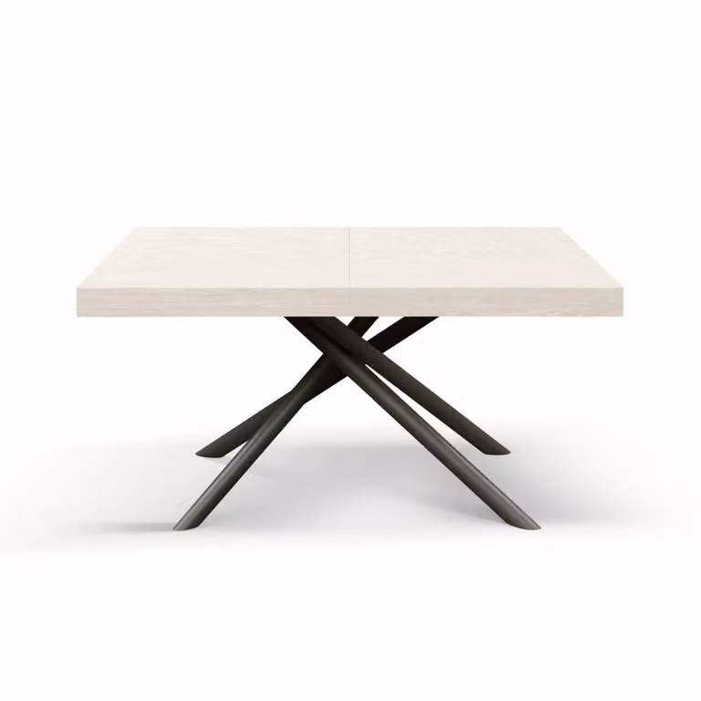 Tavolo CARRARA in legno, finitura bianco frassinato e base in metallo verniciato antracite, allungabile 160×90 cm – 240×90 cm