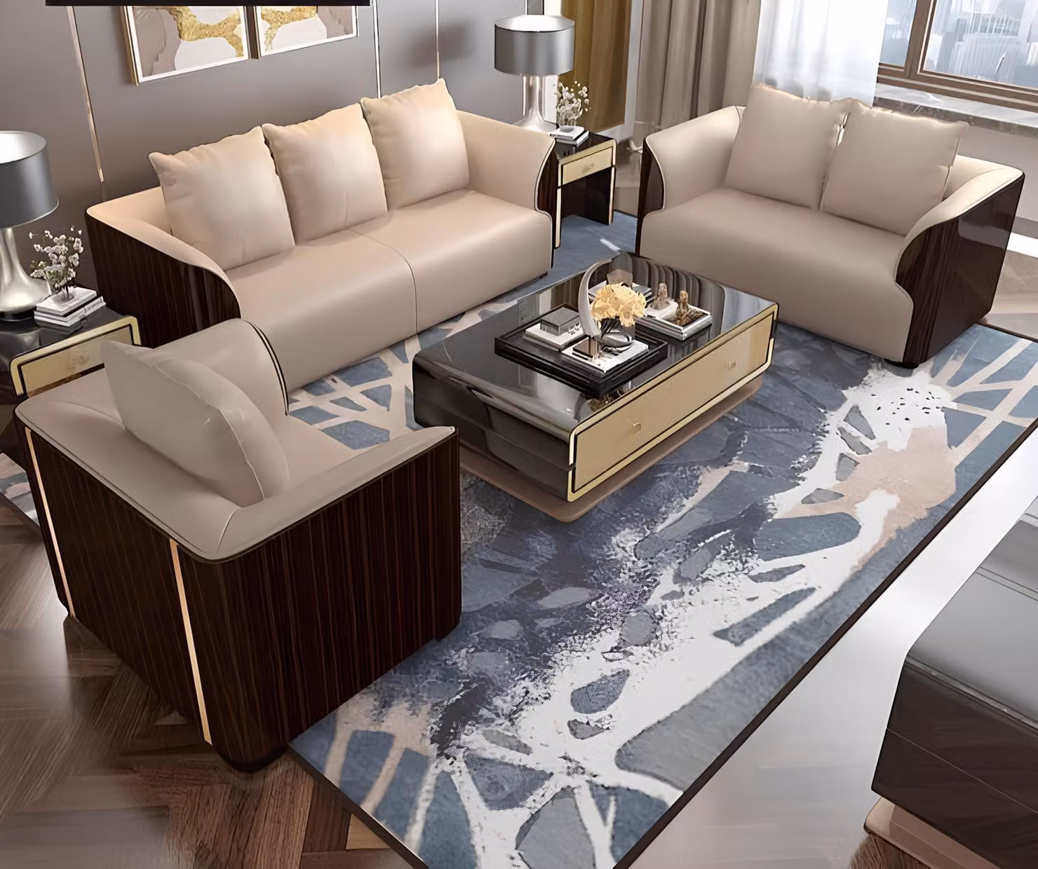 Klassische Design Garnitur Couch Sitz Polster Komplett Set 3+2 Holz Leder
