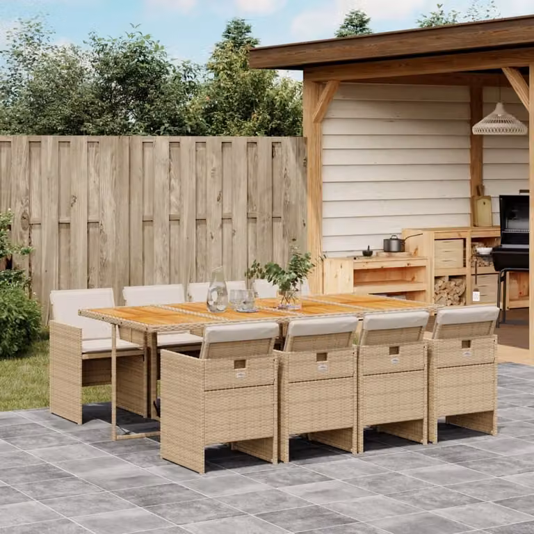 vidaXL Set da Pranzo da Giardino 9 pz in Polyrattan e Legno di Acacia con Cuscini Beige