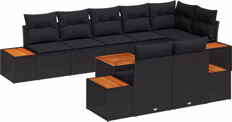 Set Divano da Giardino con cuscino 9 pcs Nero Poly Rattan