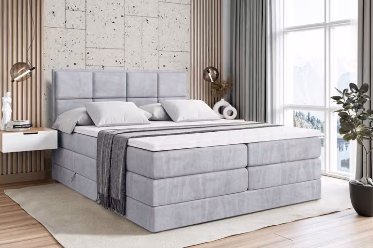 Letto boxspring ALTDECOR con 2 materassi e topper - 140x200 cm - NOVA KING - Velluto grigio chiaro - Letto imbottito con materassi H3 e H4, contenitore e rete a doghe, letto con spazio contenitivo