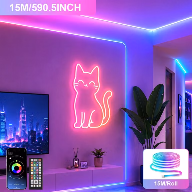 Striscia LED RGB - Nastro LED flessibile - 15 metri - Controllo tramite app e telecomando - Sincronizzazione con la musica - Resistente all'acqua (grado di protezione IP65) - 24 V - Spina europea