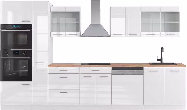 Cucina componibile moderna R-Line Vicco Bianco lucido e Rovere, L: 350 cm