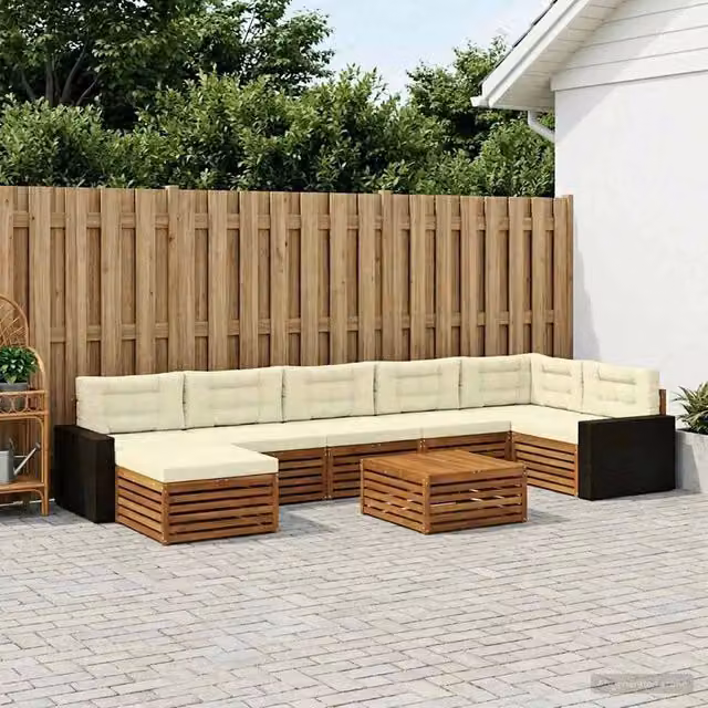 Set di divani da esterno a L vidaXL in legno di acacia con pouf e tavolino, beige e marrone – 1