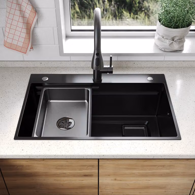 SONNI - Lavello quadrato con ampio piano di appoggio, 70 x 45 x 24,5 cm, nero, con griglia rettangolare, scolapiatti e rubinetto