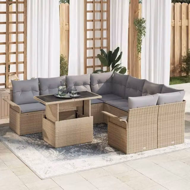 Set Divano da Giardino vidaXL 9 pz a Forma a L con Tavolino in Vetro e Cuscini Beige e Grigio – 1