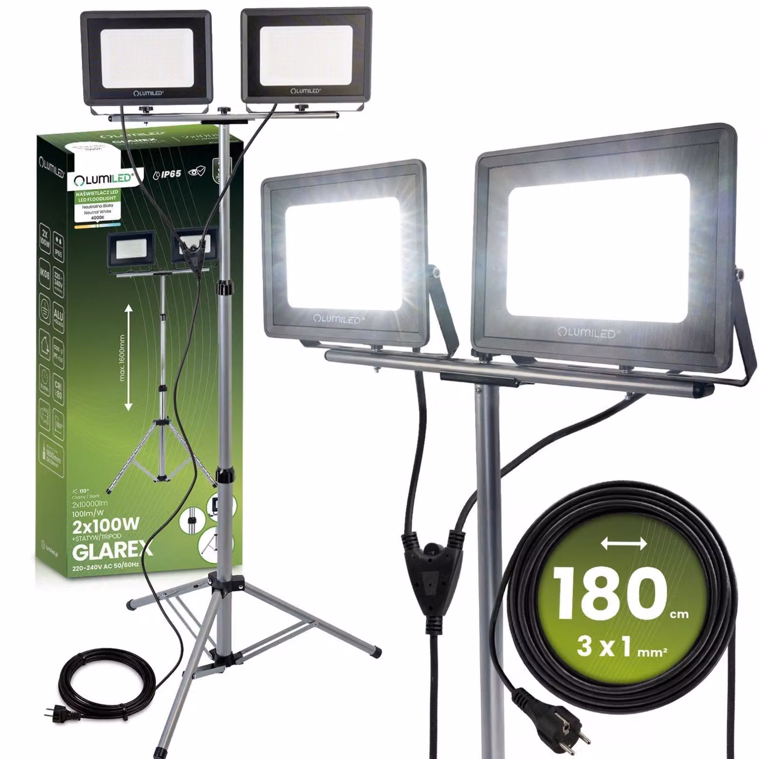 LUMILED Proiettore da cantiere a LED con treppiede, potenza totale 20.000 lm, 2x100 W, luce da lavoro 4000 K, regolabile in altezza fino a 160 cm, treppiede telescopico, IP65, rotazione a 360°, lampada da officina, proiettore a LED per cantieri, garage, e