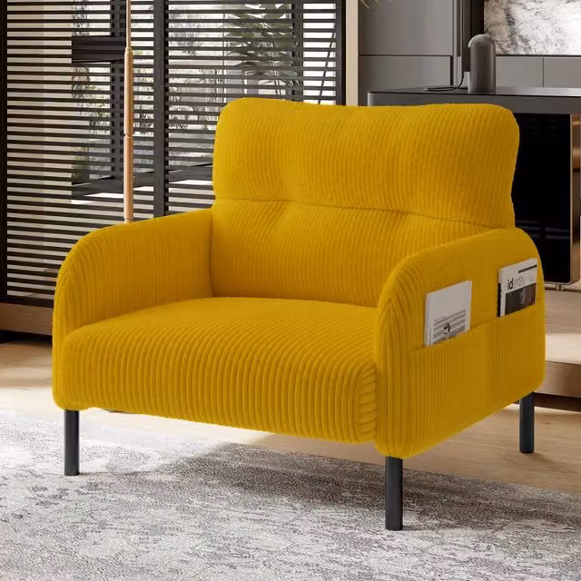 Poltrona lounge moderna MIVRAY in velluto a coste giallo con struttura in metallo e braccioli per soggiorno, camera da letto o ufficio in casa