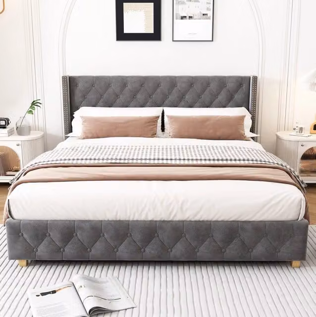 Letto imbottito 180x200 cm con rete a doghe e testiera in velluto grigio