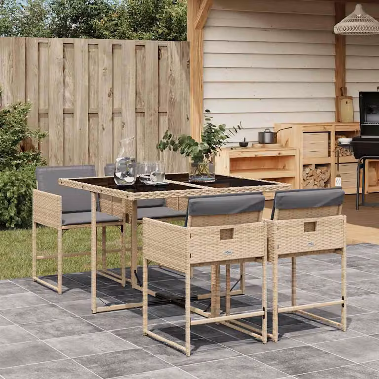 Set Pranzo da Giardino vidaXL in Polyrattan con Cuscini Beige, Nero e Grigio e Tavolo in Vetro 5 pz