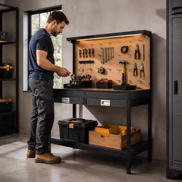 Banco Da Lavoro In Legno Con Cassetti Per Utensili, Banco Da Lavoro Con Pannello Forato Per Officina, Carico Max. 110 Kg, 4 Prese CA E 2 Porte USB, Cavo Da 1.5 M E 30 Ganci, 150 X 61 X 120 Cm