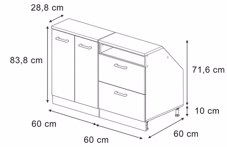 Mobile cucina sottotetto Vicco R-Line Bianco rustico 120 cm Set di 2 carcasse armadio profondità 60 cm, Model 60406