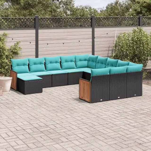 Set di divani da giardino a forma di U vidaXL in polyrattan nero con cuscini inclusi e coperture rimovibili