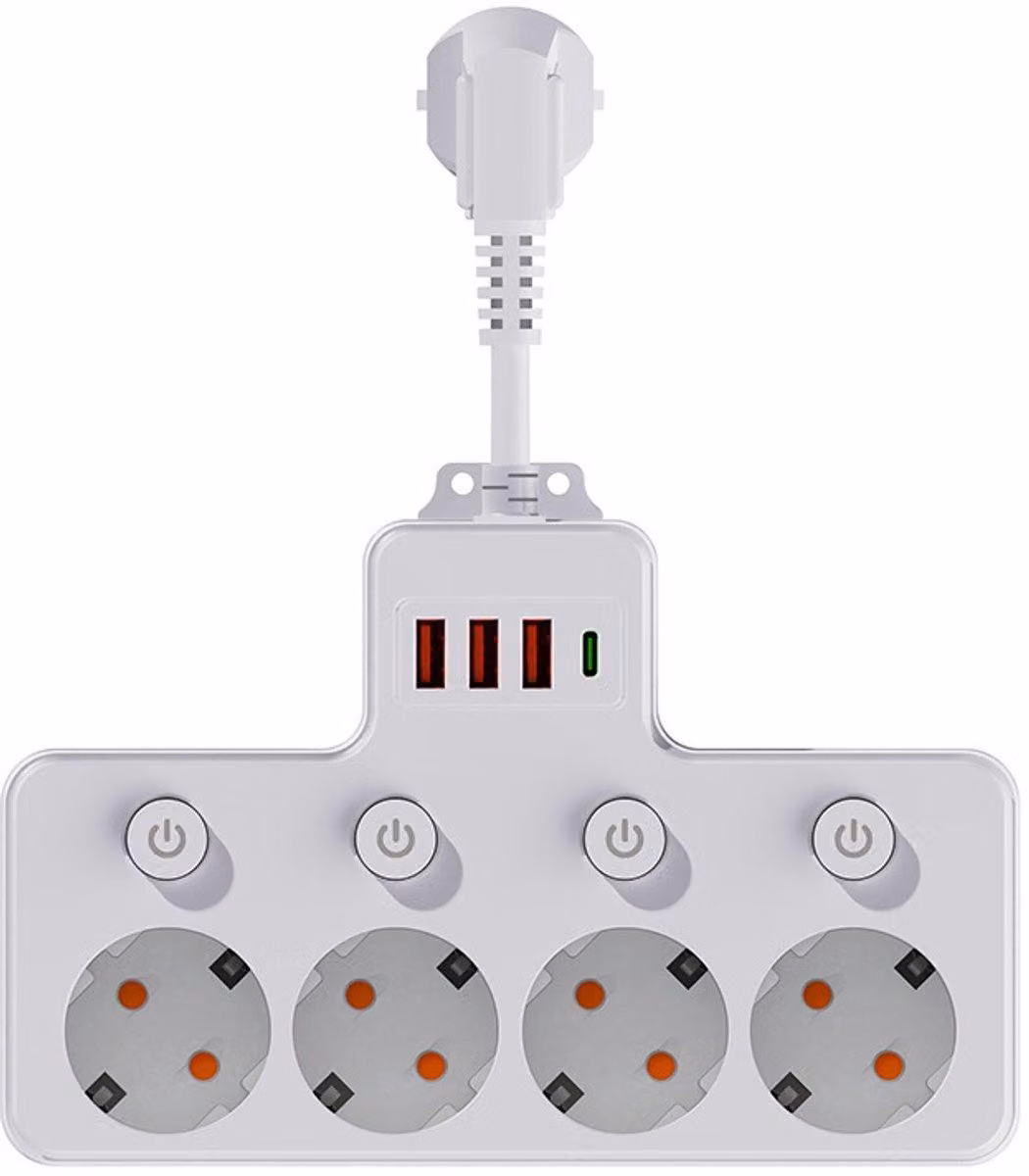 Multipresa con porte USB – 8 prese, 4 porte USB, interruttore, 2500 W, bianco