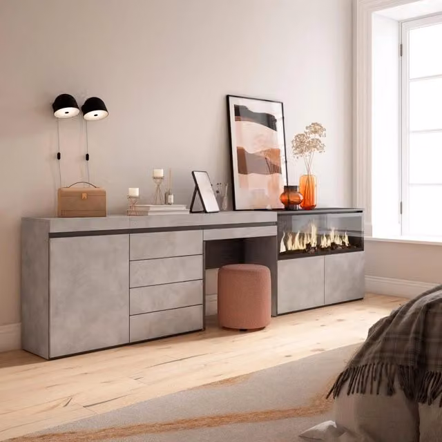 Tavolo da toeletta, 284x35x75cm, Con cassetto, Camino elettrico XXL, Cassettiera, grigio cemento RF3468