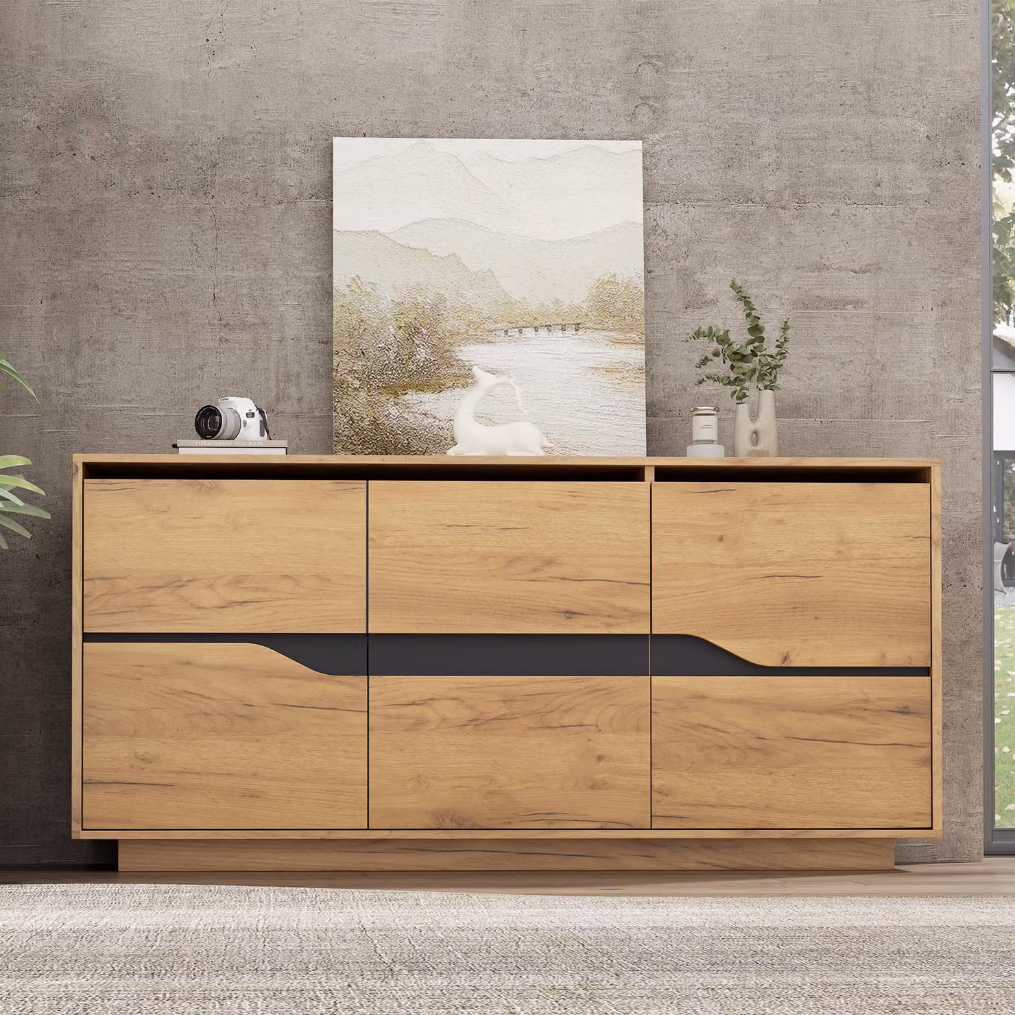 Sweiko 140x40x70 cm: cassettiera da salotto, credenza a 3 ante, mobile da sala da pranzo con divisori regolabili, ampi vani senza maniglie, mobile da salotto versatile, finitura in legno + nero