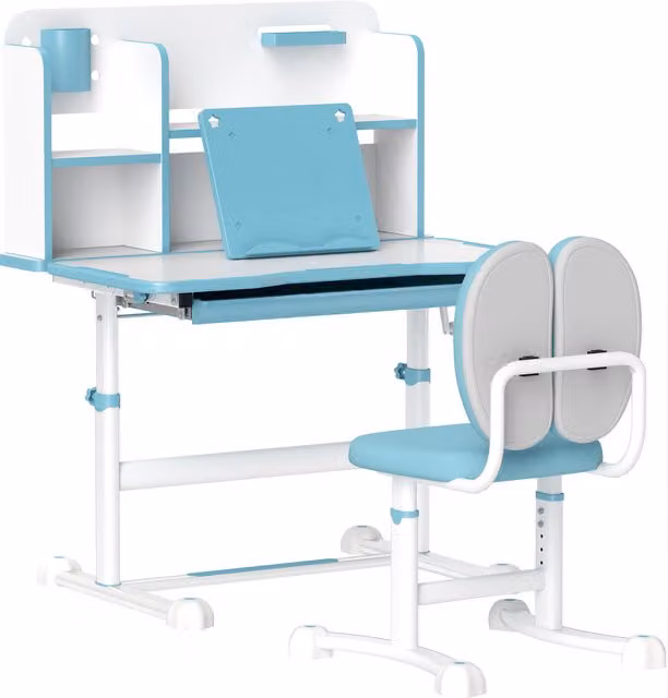 Set Scrivania e Sedia Regolabili Aosom per Bambini con Piano Inclinabile e Cassetto, Colore Blu – 1