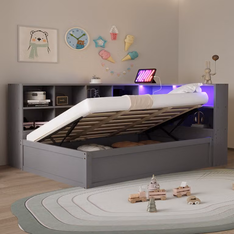 MODFU divano letto 90×200 con rete a doghe e striscia luminosa a LED, con presa di corrente e vani portaoggetti, letto multifunzionale in legno, senza materasso, grigio