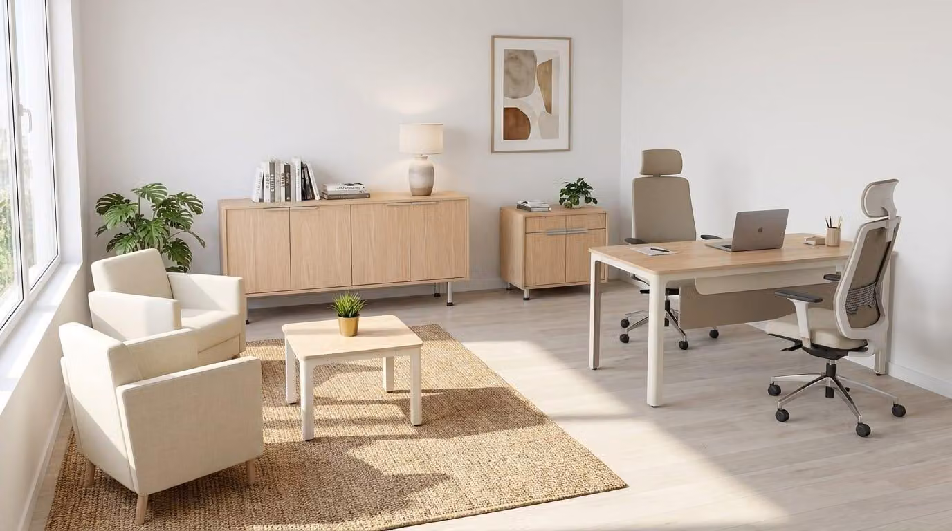 Set per ufficio domestico: scrivania moderna, mobile contenitore, cassettiera, tavolo