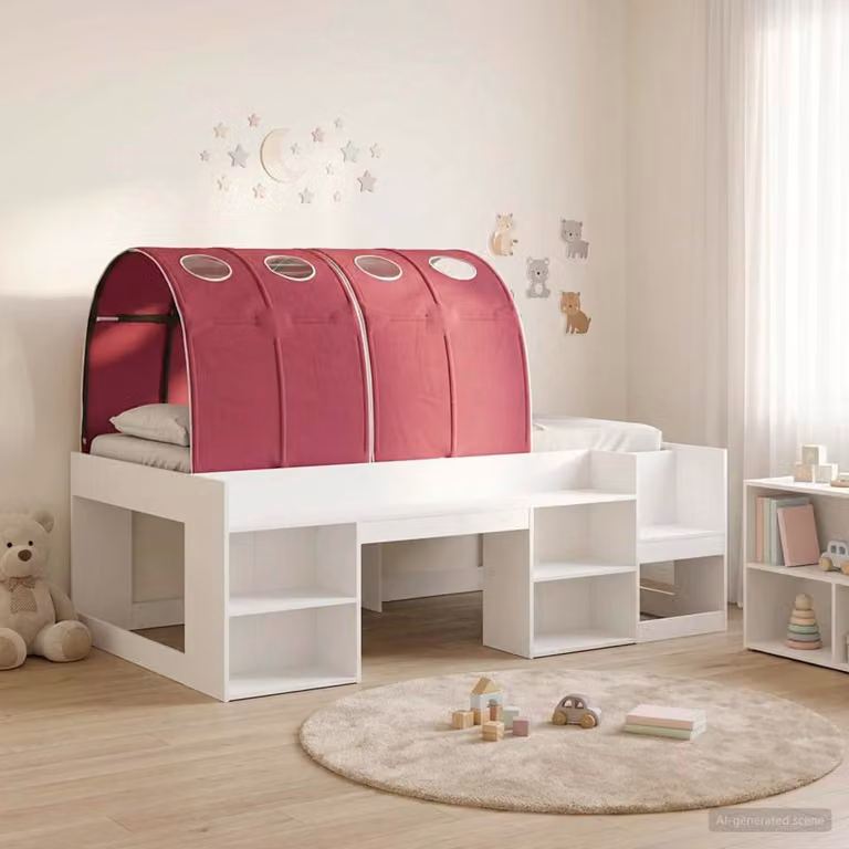 Letto singolo per bambini vidaXL con struttura a casetta e tunnel, Bianco e Rosso, L/P/H: 193 x 103,5 x 65 cm