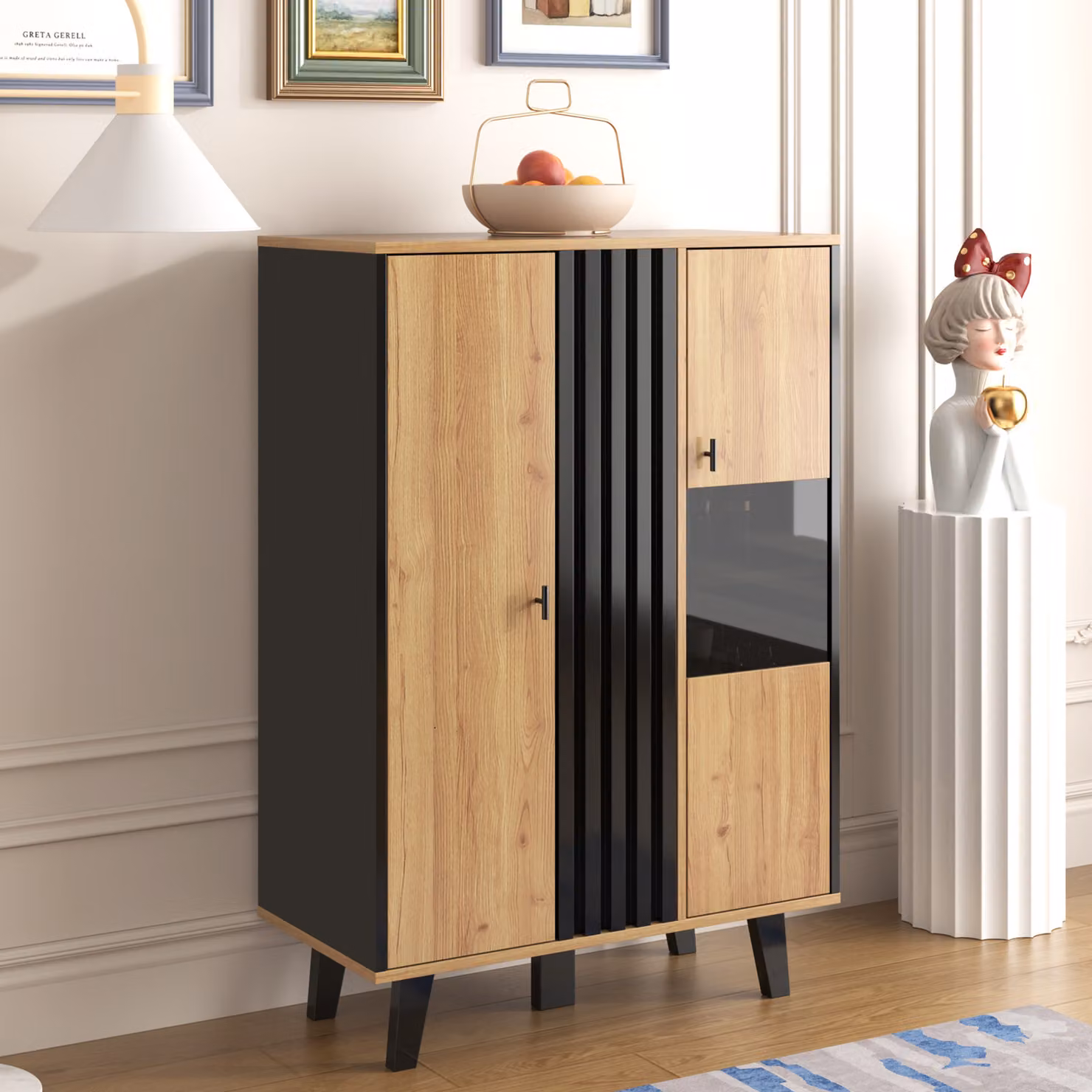 credenza moderna multifunzionale okwish 80*40*120 cm, mobile in vetro, illuminazione a LED. Credenza in laminato con design unico a strisce di legno nero