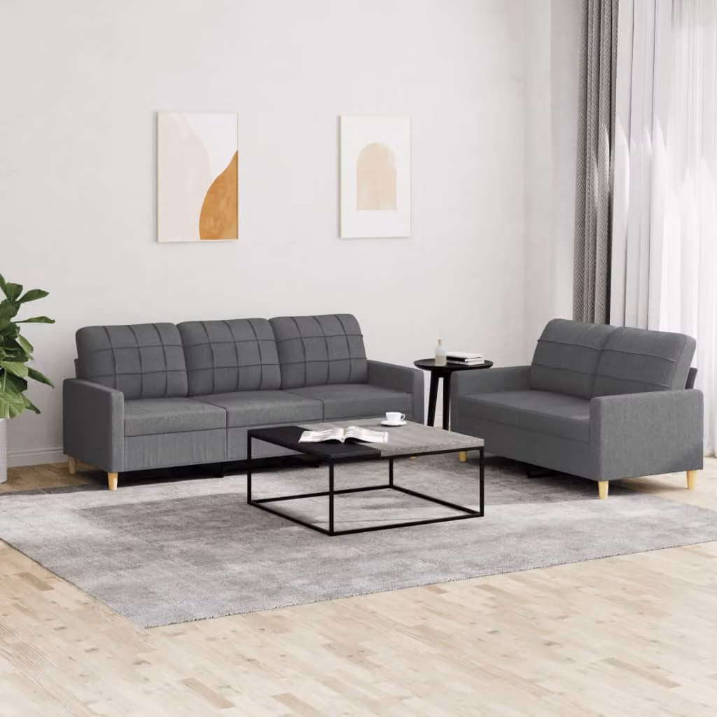 vidaXL Set di 2 Divani Moderni in Tessuto Grigio con Cuscini e Struttura Imbottita – 1