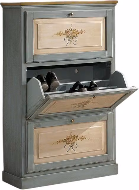 Scarpiera a 3 ante in legno massello Mobili 2G azzurro e ocra L: 80 cm, P: 30 cm, H: 130 cm
