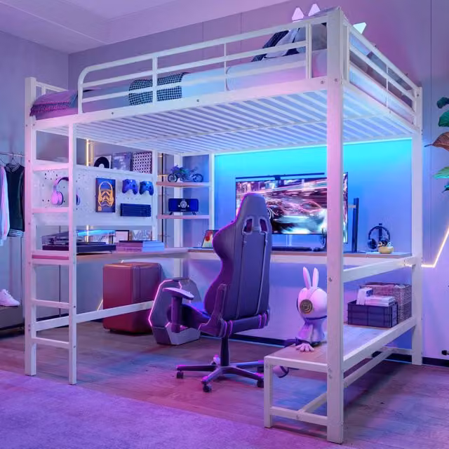 Letto a castello 140x200 cm in metallo con scrivania, sponde, scaletta, ripiani, presa USB e Tipo-C, barra LED, senza materasso - Bianco
