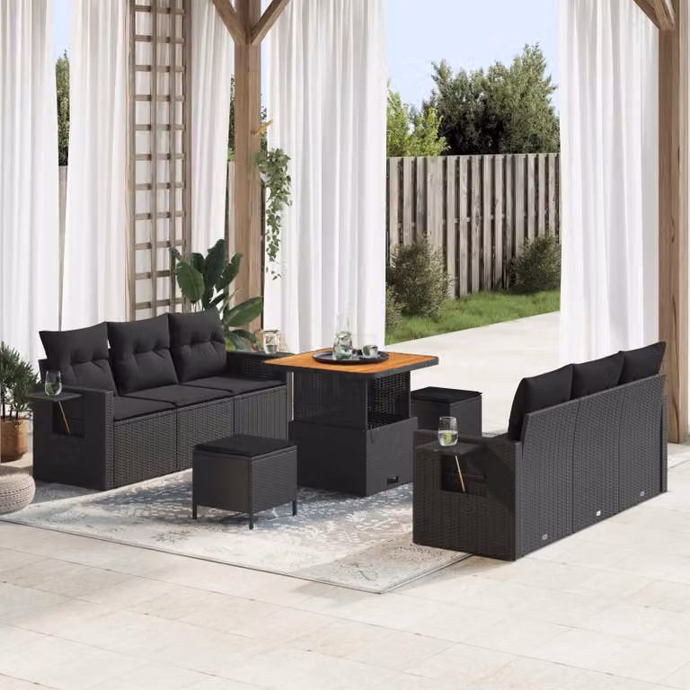 Set Divano da Giardino a L vidaXL in Polyrattan Nero con Cuscini e Tavolino da Esterno