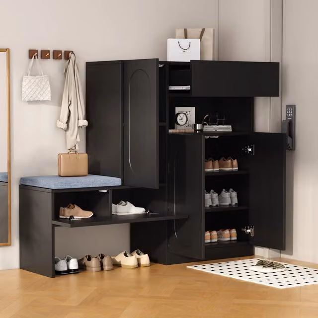 Scarpiera con panca imbottita ripiani regolabili vano aperto ante soft-close in truciolare nero 130 × 35 × 110 cm