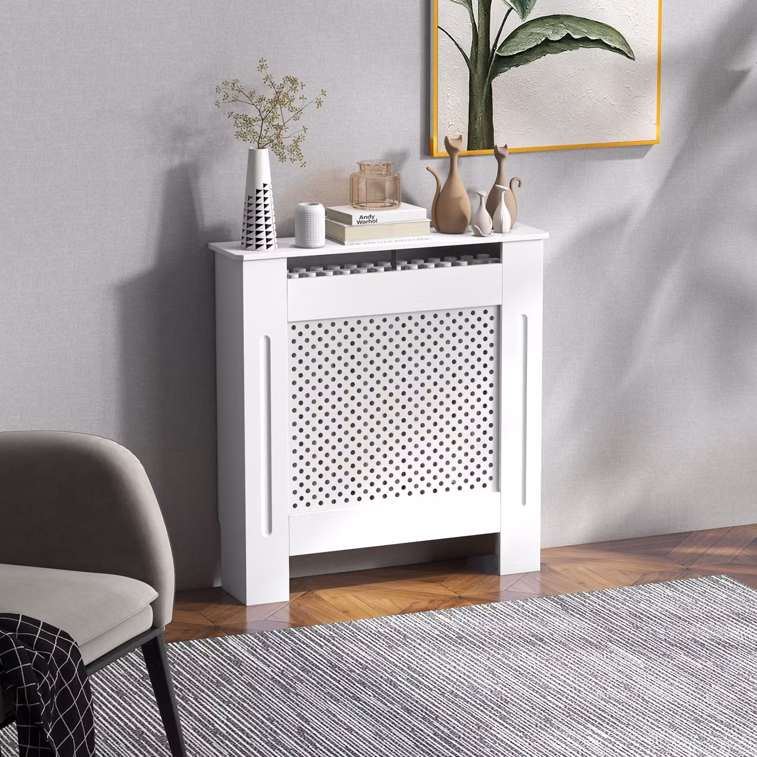 Copritermosifone moderno in legno HOMCOM, colore bianco, L 78 cm x H 82 cm x P 19 cm – 2