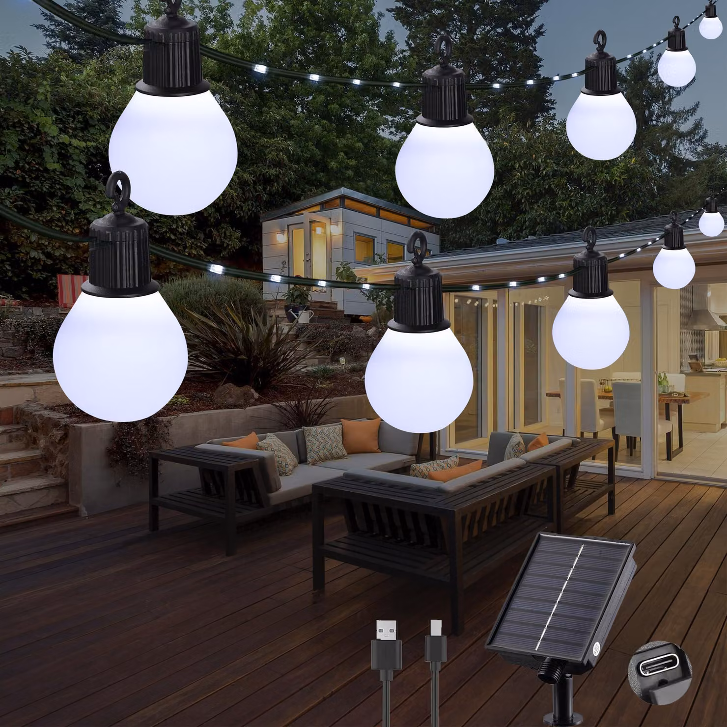 Catena luminosa solare, 20 lampadine G40, 12 metri, grado di protezione IP65, 8 modalità, per uso esterno
