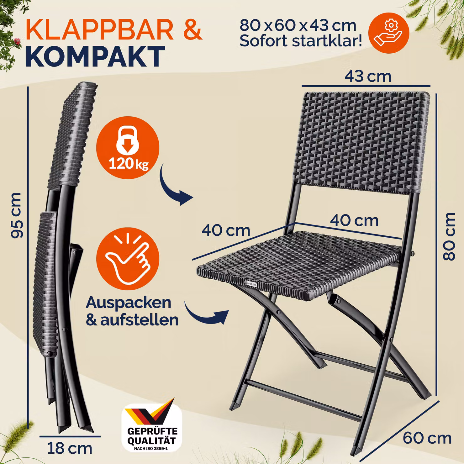 Set di 2 sedie pieghevoli in polirattan Casaria nero per giardino e balcone – 2