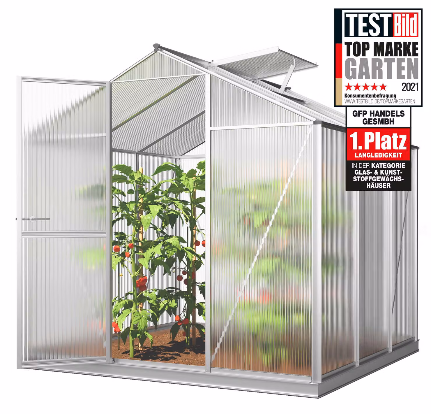 Serra GFP ECO 3 telaio in alluminio 192 x 192 cm, lastre a doppia parete di 6 mm, con apri-finestra automatico e telaio di fondazione