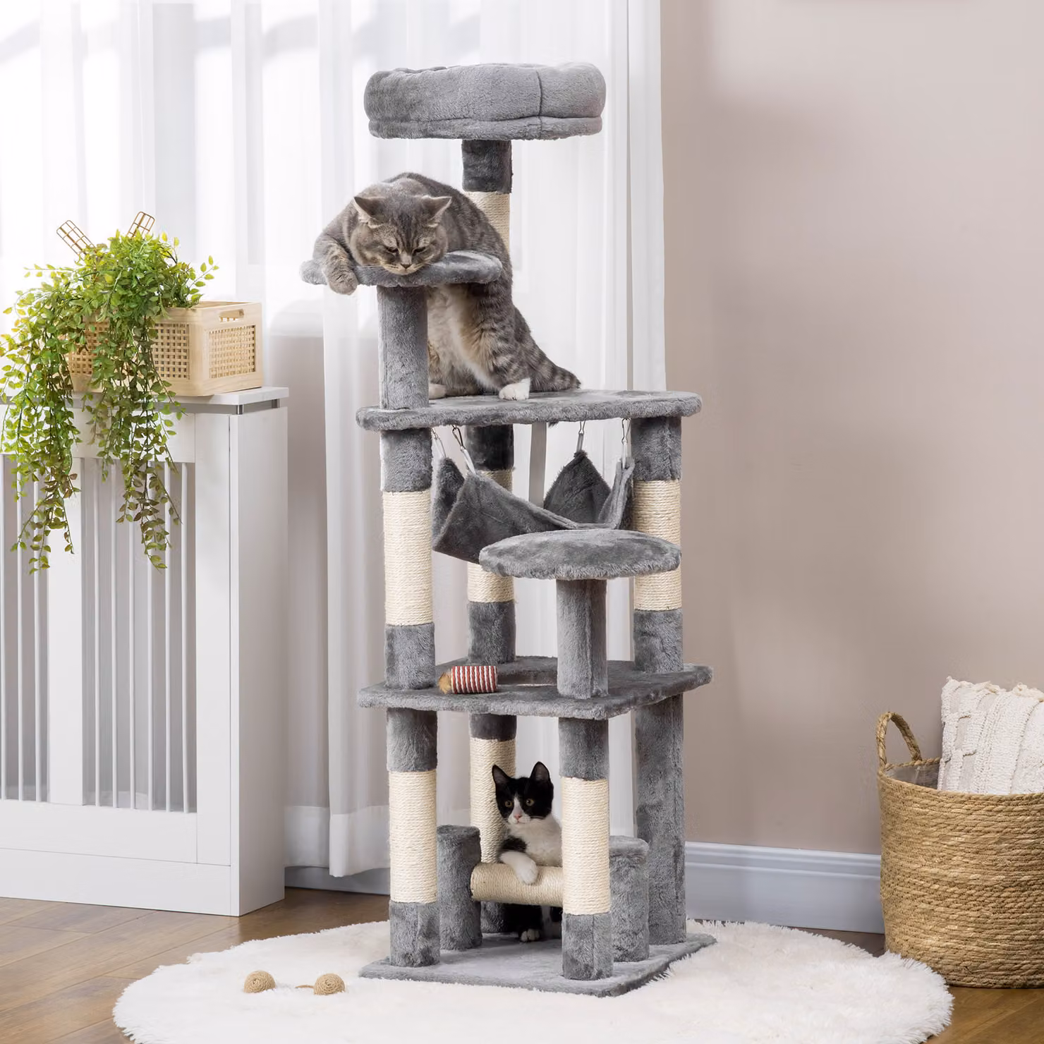 Albero Tiragraffi per Gatti Aosom PawHut a 4 Livelli con Amaca, Cuccia e Sisal Naturale, Grigio, Altezza: 132 cm – 2