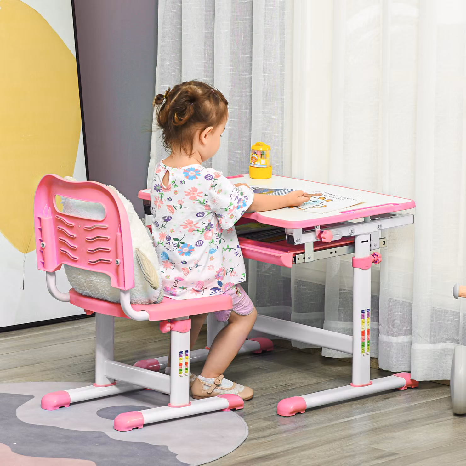 Set Tavolo e Sedie per Bambini HOMCOM con Scrivania Regolabile e Piano Inclinabile, Rosa, L/P/H: 66 x 47 x 52-77 cm – 2
