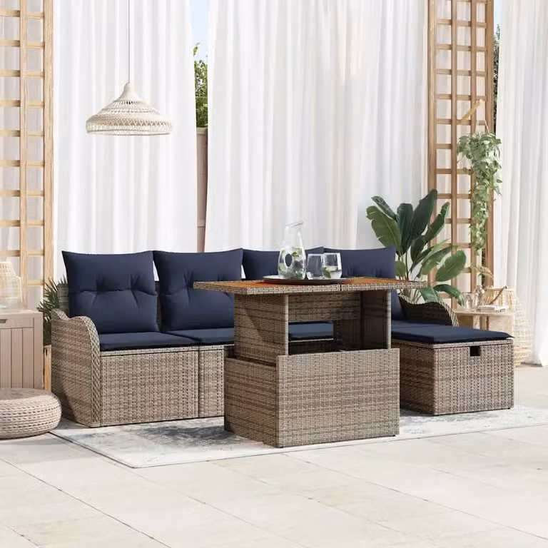 Set Divano da Giardino vidaXL 6 Pezzi a Forma di L Grigio con Poltrone, Tavolino e Pouf in Polyrattan e Acciaio