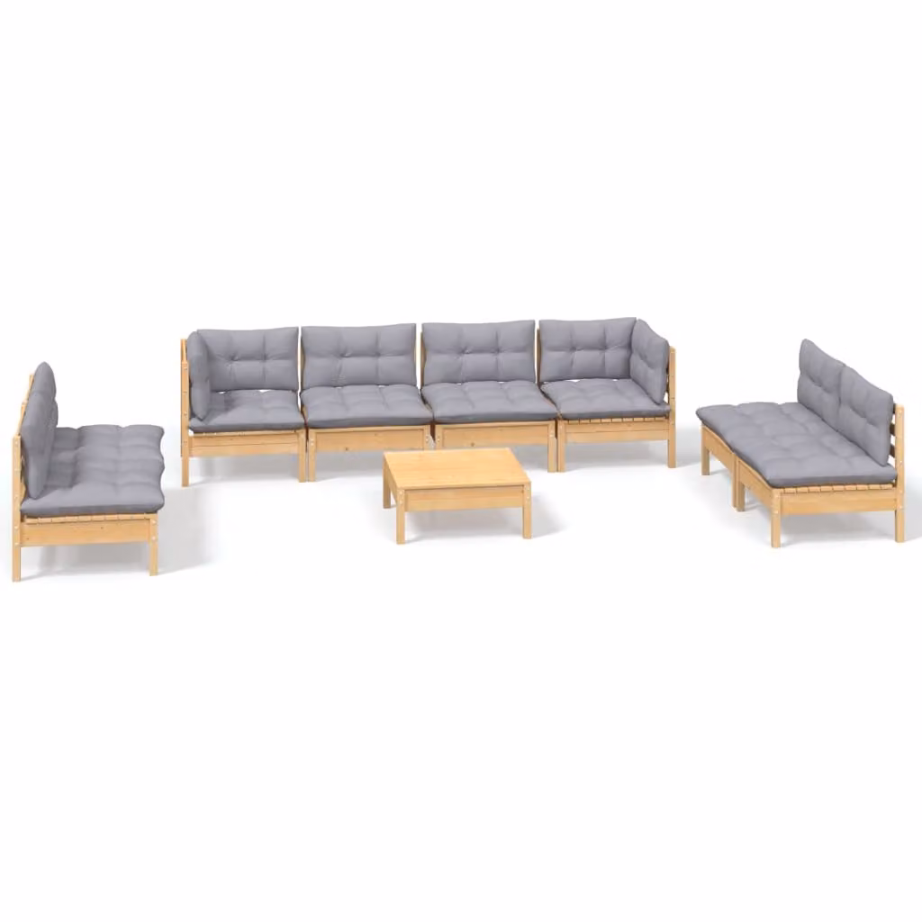 Set Divani da Giardino 9 pz con Cuscini Grigi Massello di Pino