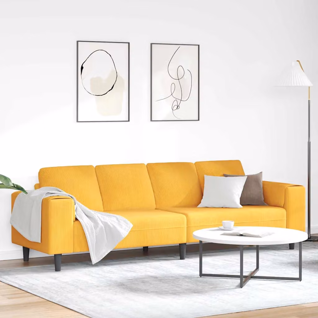 Divano moderno vidaXL a forma a U in tessuto cord giallo, L: 250 cm, P: 77 cm, H: 76 cm