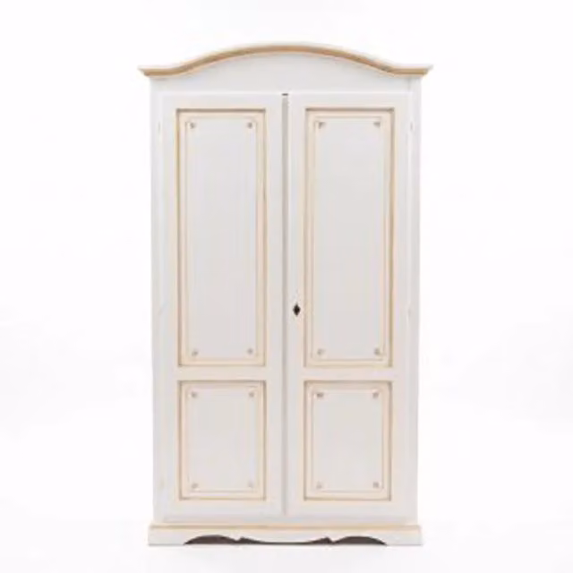 Armadio KIVIO in legno stile Shabby Chic con 2 ante battenti, colori bianco, antracite e decorazioni arancioni, L: 107 cm, P: 55 cm, H: 197 cm