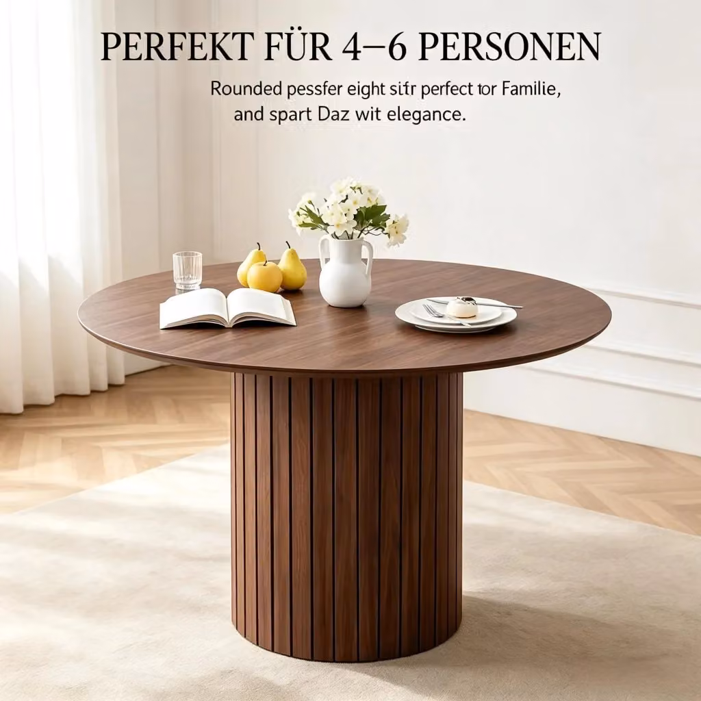 Tavolo da pranzo moderno in legno marrone scuro con base a colonna centrale per 4-6 persone Diametro: 120 cm, Altezza: 76 cm – 2