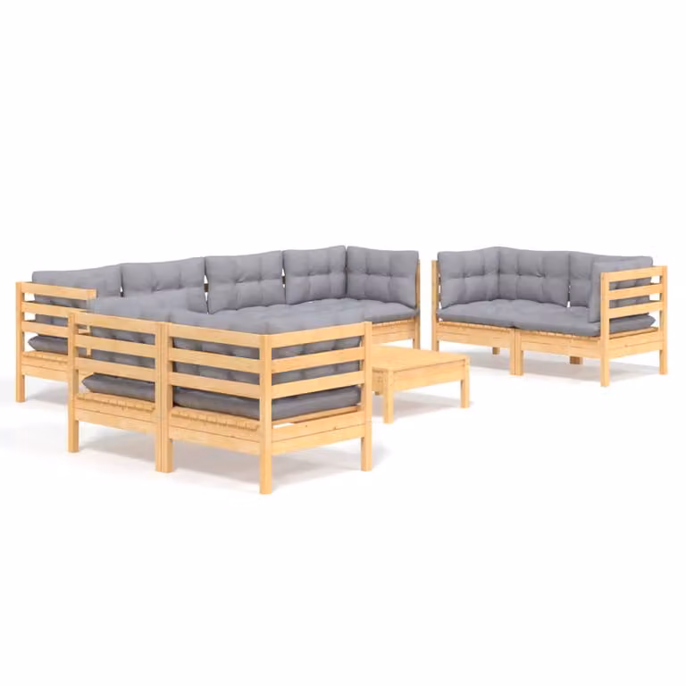 Set Divani da Giardino 9 pz con Cuscini Grigi Massello di Pino