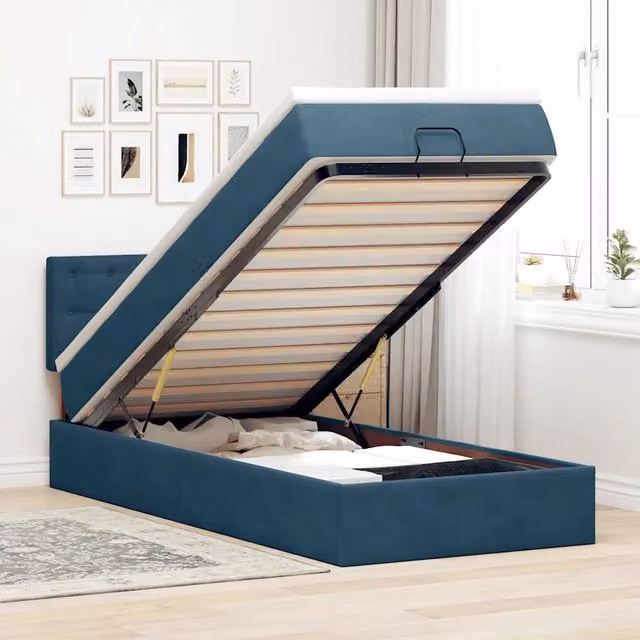 Struttura Letto con Pouf e Materasso vidaXL in Velluto Blu e Bianco L/P/H: 203 x 100 x 88 cm