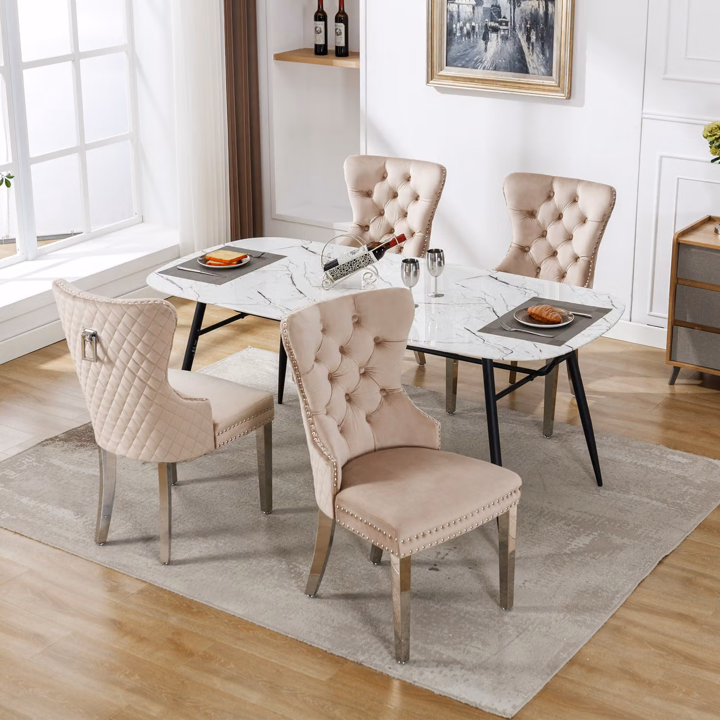 MODFU, set di 4 sedie da pranzo, sedie da cucina, sedie da ufficio, poltrone da lounge, sedie imbottite, design unico, gambe in metallo, rivestimento in velluto (beige con decorazioni a testa di chiodo)