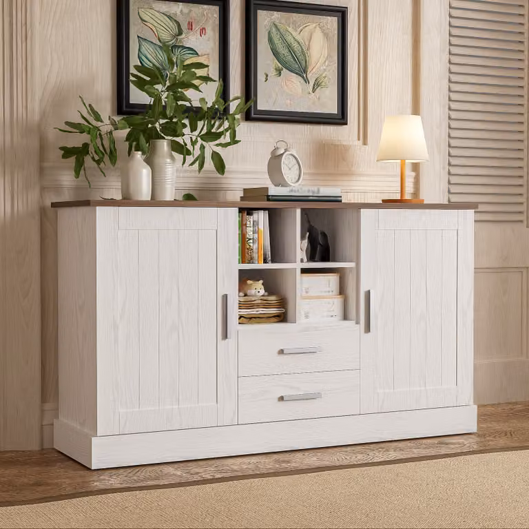 Credenza Flieks, credenza a 2 ante, piano con venatura marrone, mobile laterale per sala da pranzo, soggiorno, corridoio, bianco