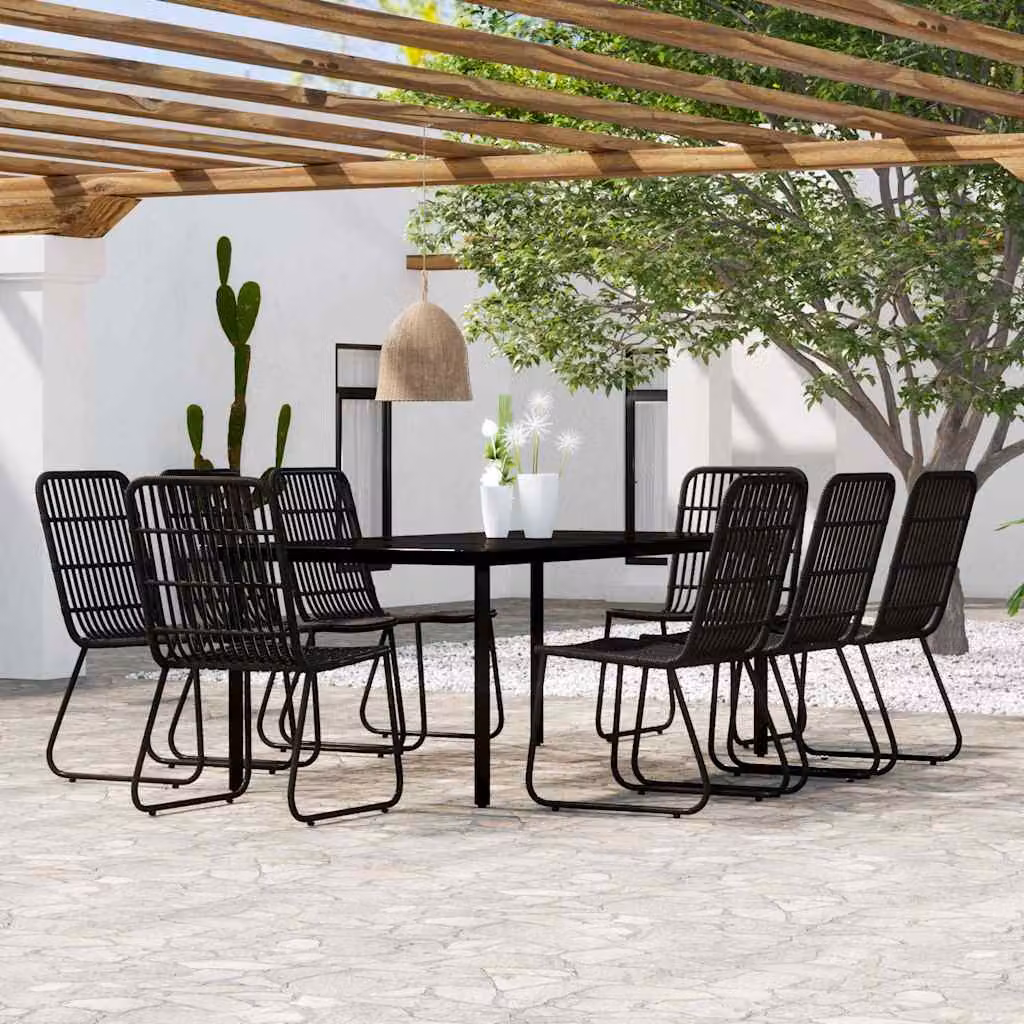 Set da pranzo per giardino e terrazzo vidaXL in metallo e vetro nero con 9 pezzi e cuscini