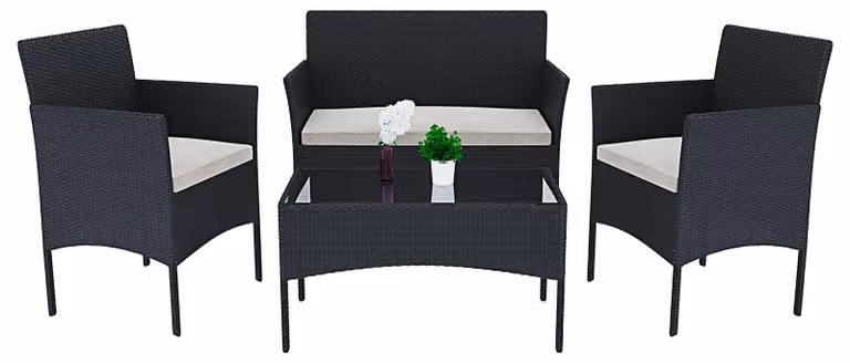 Set di mobili da giardino in rattan per 4 persone, con tavolino e cuscini removibili