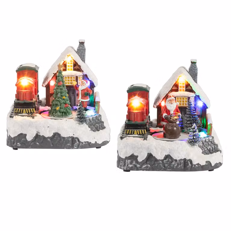 Casetta Natalizia con Movimento, LED Multicolor e Musica VESTIAMO CASA, Altezza: 14,5 cm